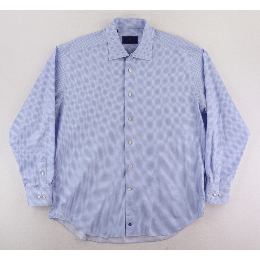 David Donahue Dress Shirt Mens 17 34/35 Blue Geometric Circle Cotton Long Sleeve